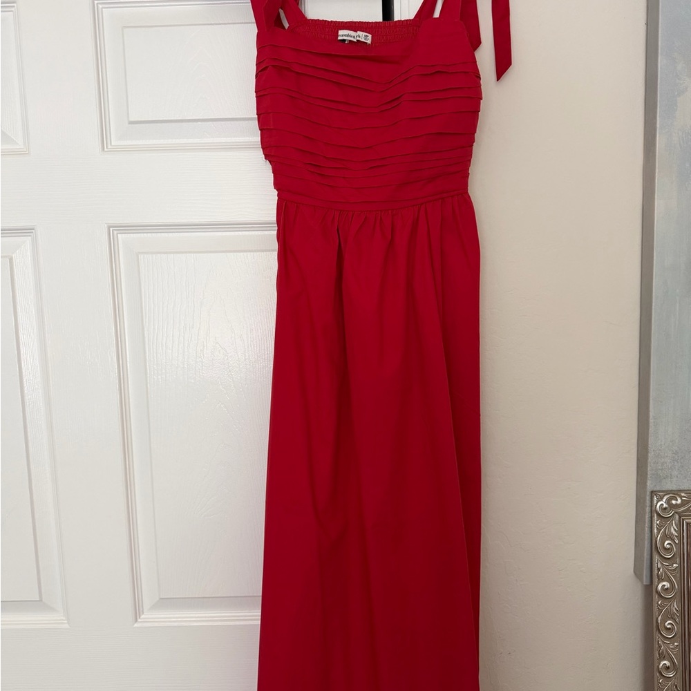 Abercrombie & Fitch Crimson Red Maxi Dress with Pleated Bodice and Tie Straps